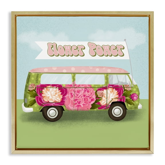 Stupell Industries Flower Power Peony Bus Gold Framed Floater Canvas Wall Art design by Jilly Jack Designs, 25 x 25