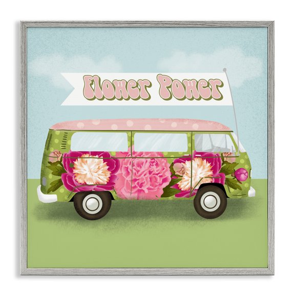 Stupell Industries Flower Power Peony Bus Gray Framed Giclee Art design by Jilly Jack Designs, 12 x 12