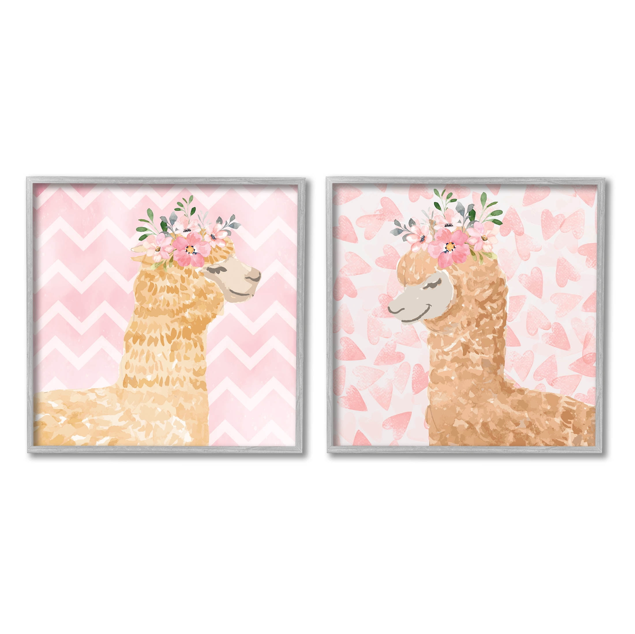 Stupell Industries Flower Power Smiling Alpacas Graphic Art Gray Framed Art Print Wall Art, Set of 2, Design by ND Art