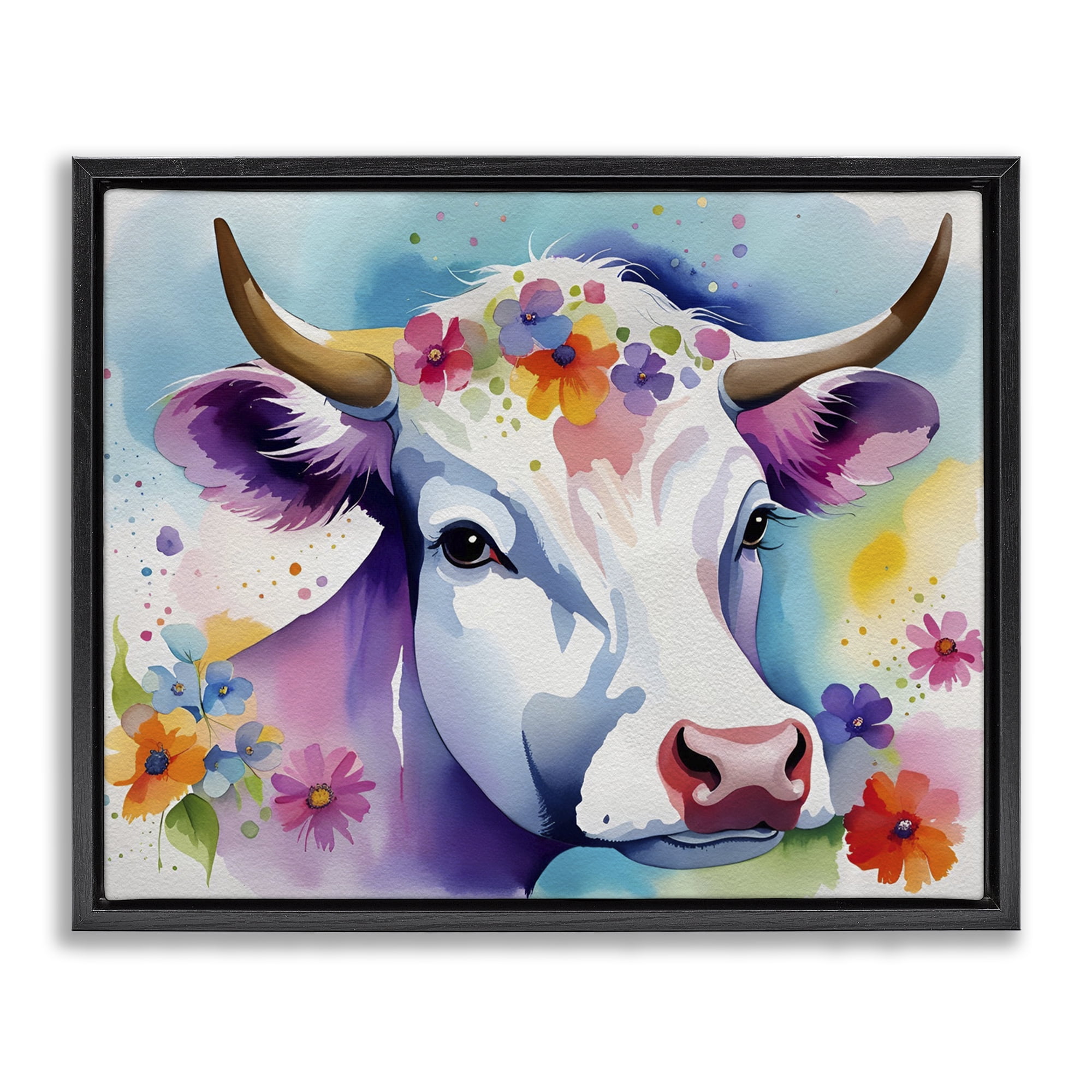 Stupell Industries Flower Speckled Cow Animals & Insects Painting Black Floater Framed Canvas Art Print Wall Art, 31 x 25