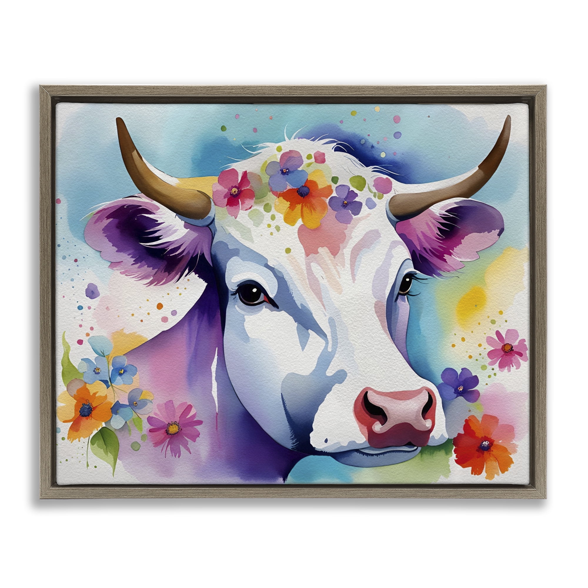 Stupell Industries Flower Speckled Cow Animals & Insects Painting Brown Floater Framed Canvas Art Print Wall Art, 21 x 17