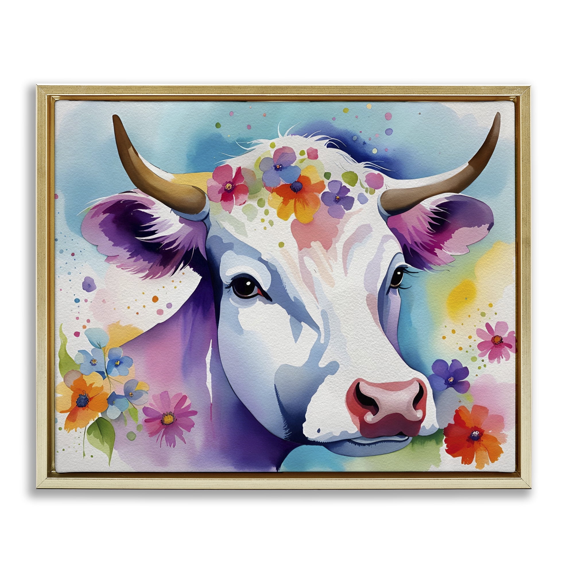 Stupell Industries Flower Speckled Cow Animals & Insects Painting Gold Floater Framed Canvas Art Print Wall Art, 21 x 17