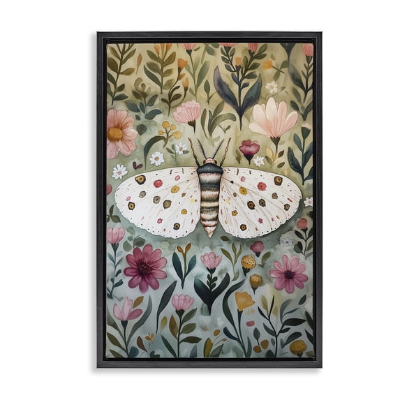 Stupell Industries Flower Speckled Moth Wings Floral Painting Black Floater Framed Canvas Art Print Wall Art, 21 x 31