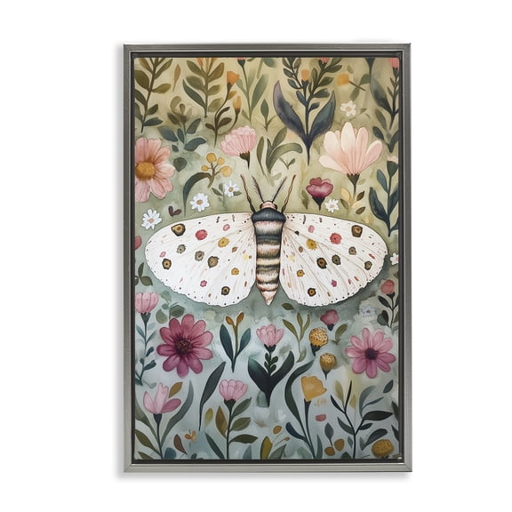 Stupell Industries Flower Speckled Moth Wings Floral Painting Gray Floater Framed Canvas Art Print Wall Art, 17 x 25