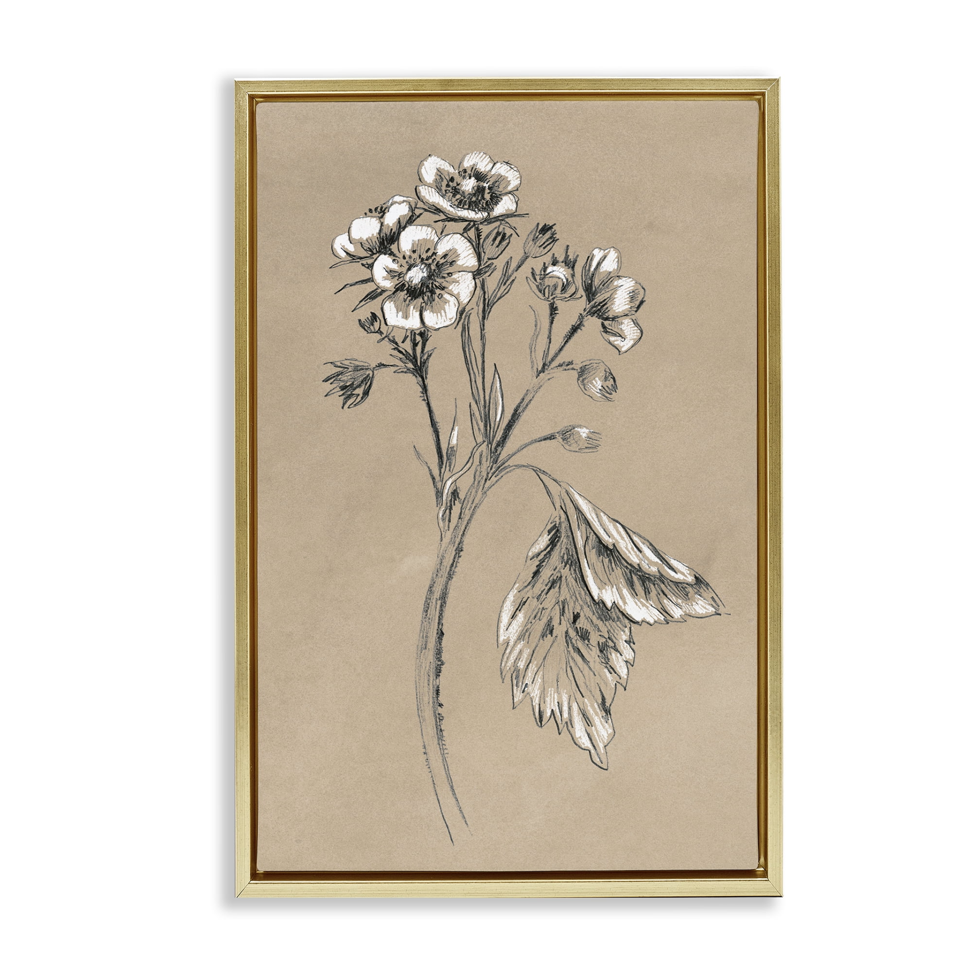 Stupell Industries Flower Sprig Sketch Botanical & Floral Drawing Gold Floater Framed Art Print Wall Art, 17 x 25