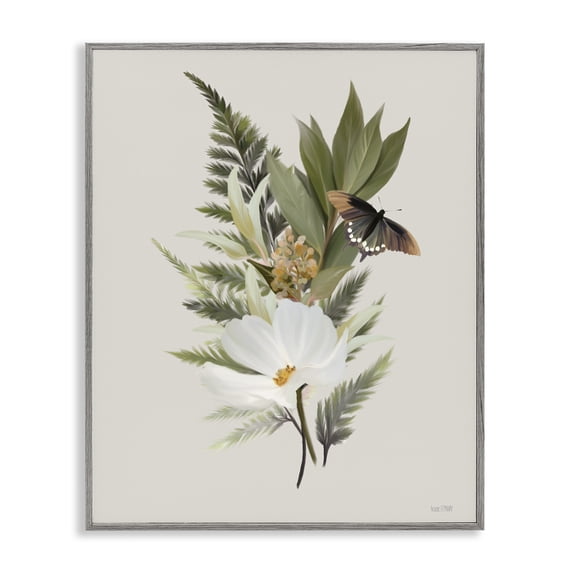 Stupell Industries Flower Sprigs & Butterfly Floral Painting Gray Framed Art Print Wall Art, 16 x 20