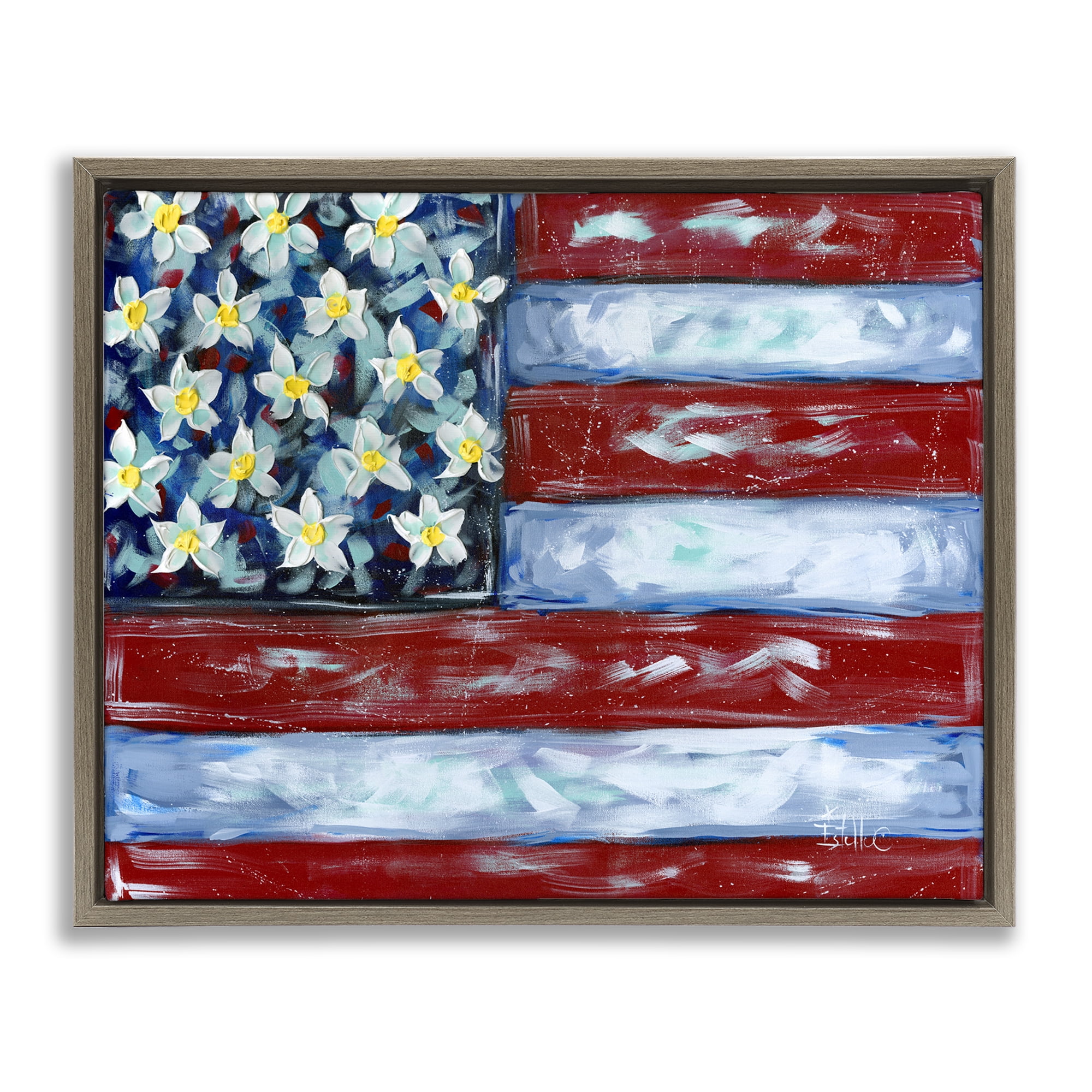 Stupell Industries Flower Stars & Stripes Flag Patriotic Painting Brown Floater Framed Canvas Art Print Wall Art, 21 x 17