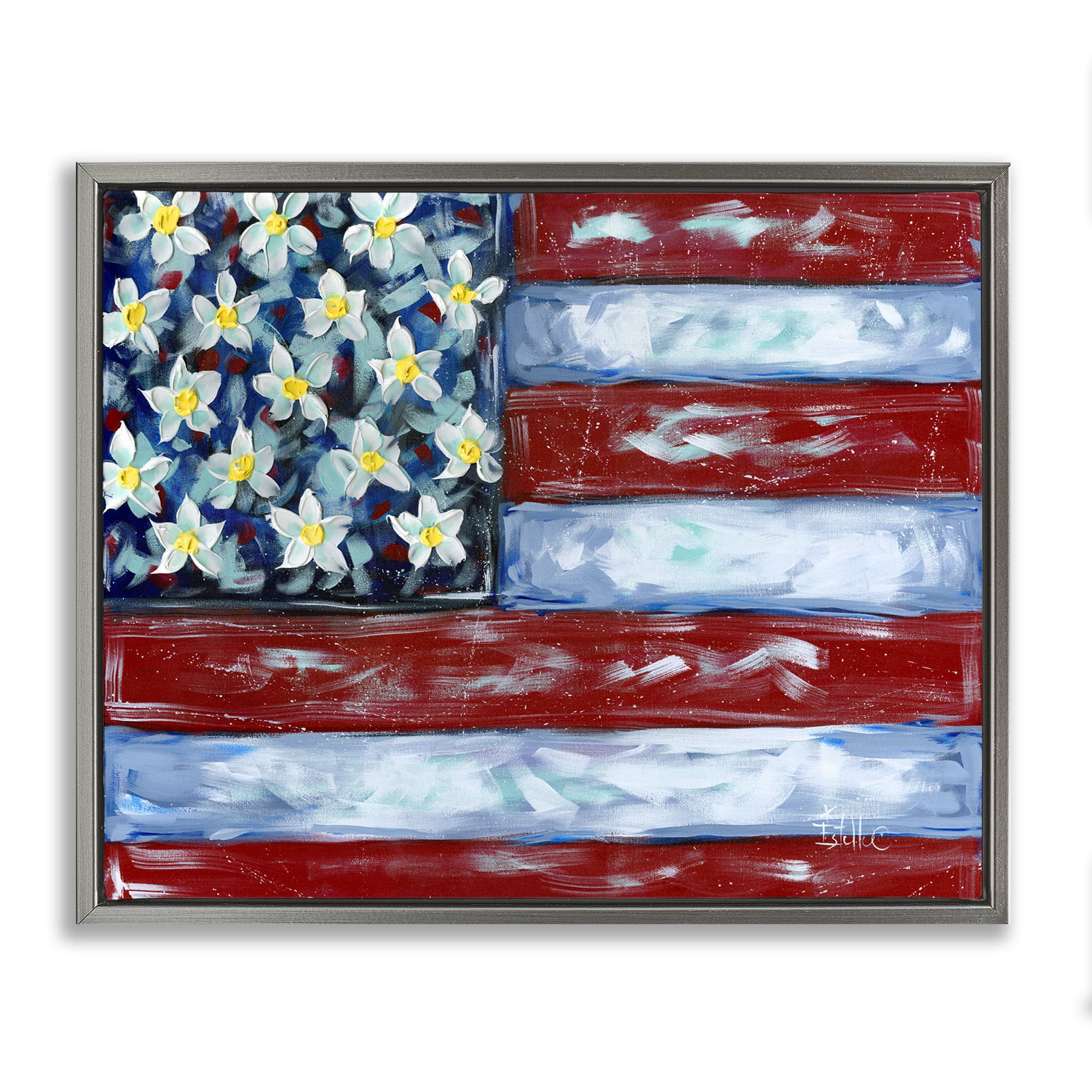 Stupell Industries Flower Stars & Stripes Flag Patriotic Painting Gray Floater Framed Canvas Art Print Wall Art, 31 x 25