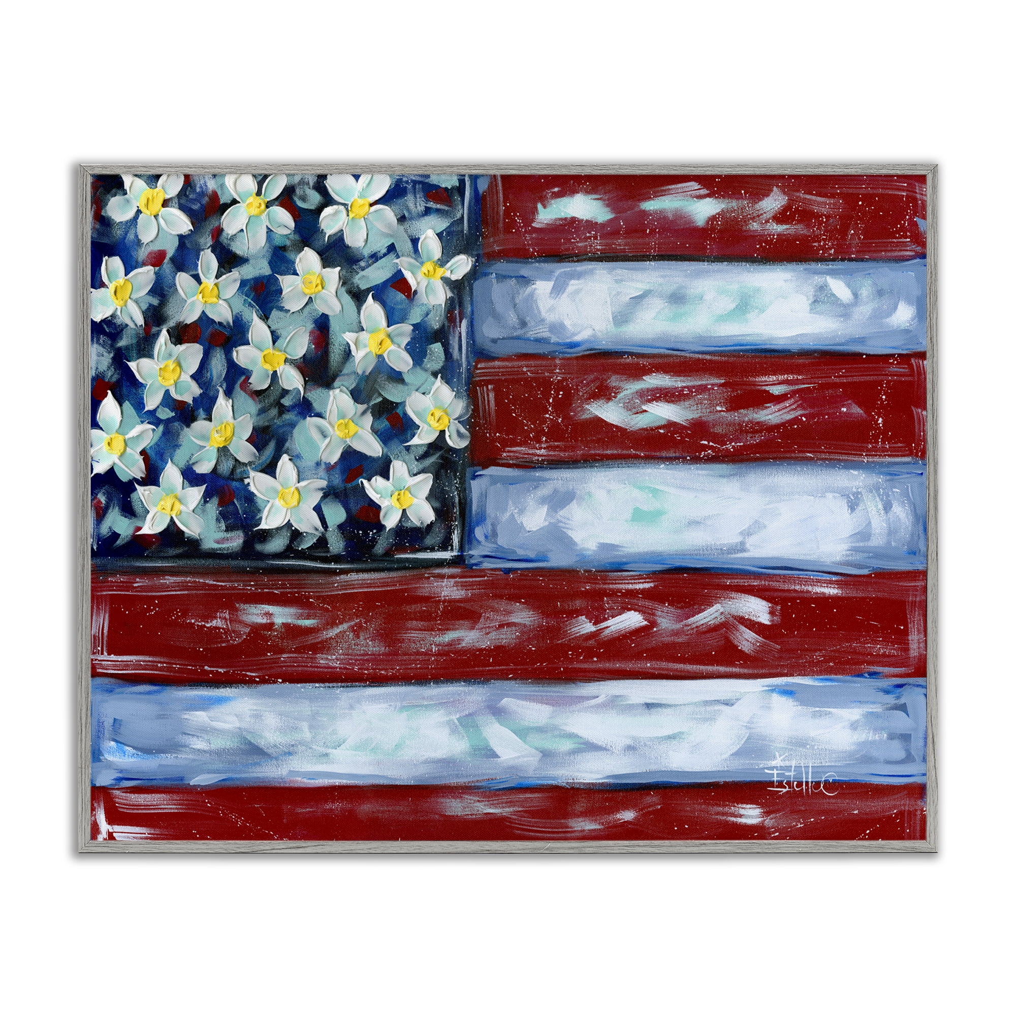 Stupell Industries Flower Stars & Stripes Flag Patriotic Painting Gray Framed Art Print Wall Art, 14 x 11