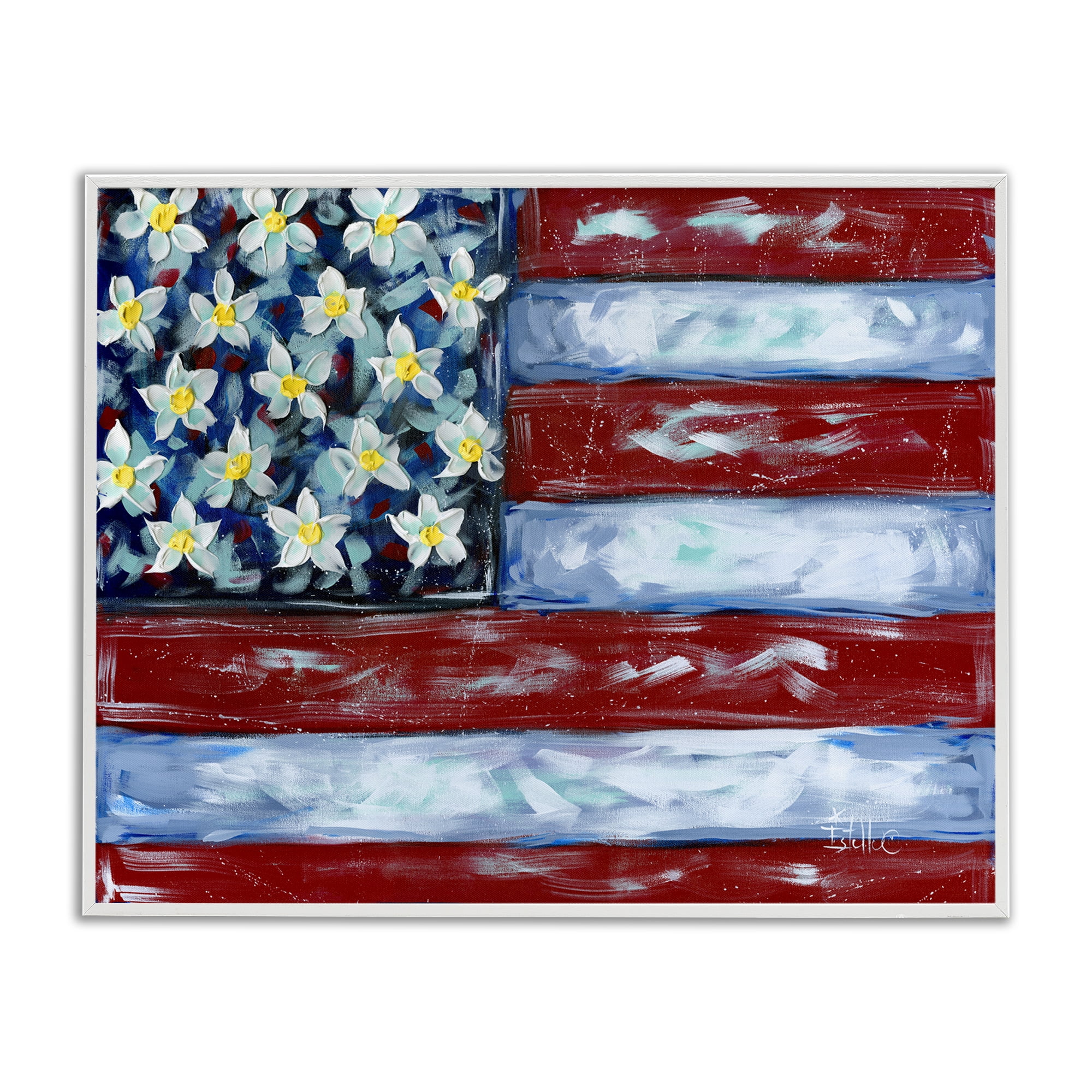 Stupell Industries Flower Stars & Stripes Flag Patriotic Painting White Framed Art Print Wall Art, 14 x 11