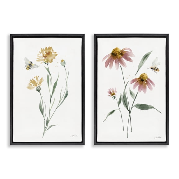 Stupell Industries Flower Stem Bees Plants & Flowers Painting Black Floater Framed Canvas Art Print Wall Art, 17 x 25, Set of 2