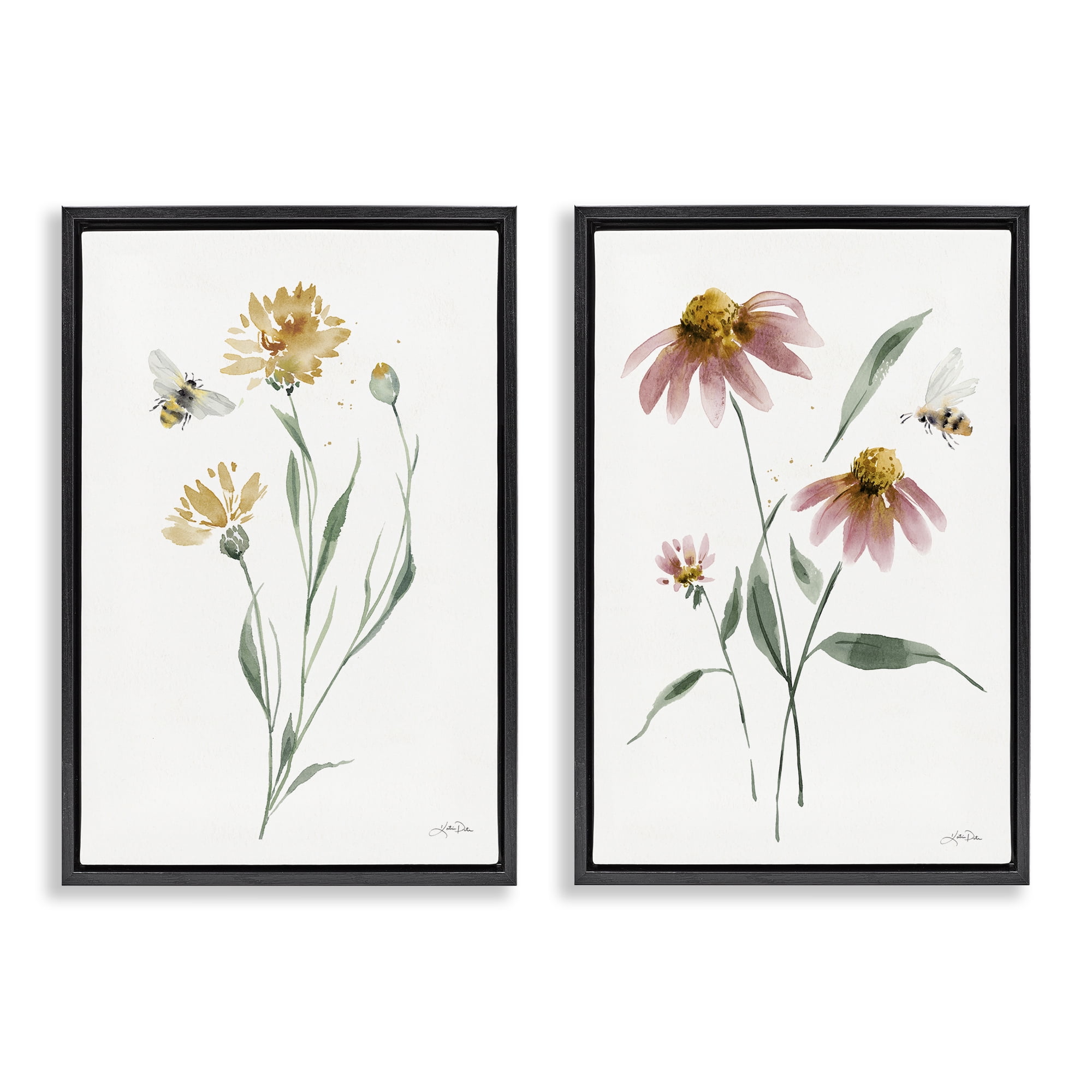 Stupell Industries Flower Stem Bees Plants & Flowers Painting Black Floater Framed Canvas Art Print Wall Art, 21 x 31, Set of 2