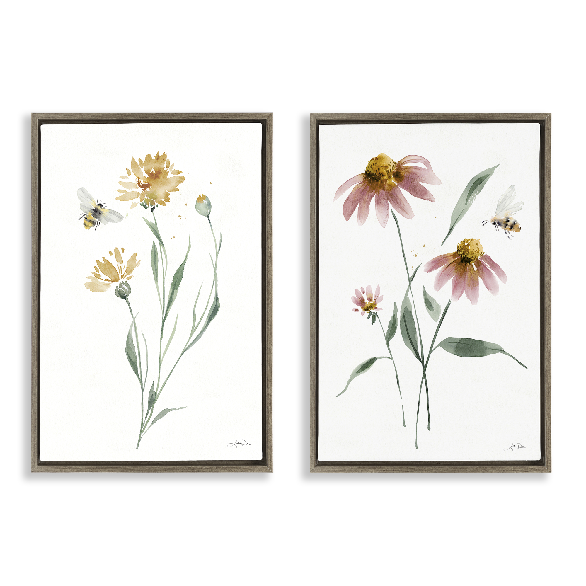 Stupell Industries Flower Stem Bees Plants & Flowers Painting Brown Floater Framed Canvas Art Print Wall Art, 17 x 25, Set of 2