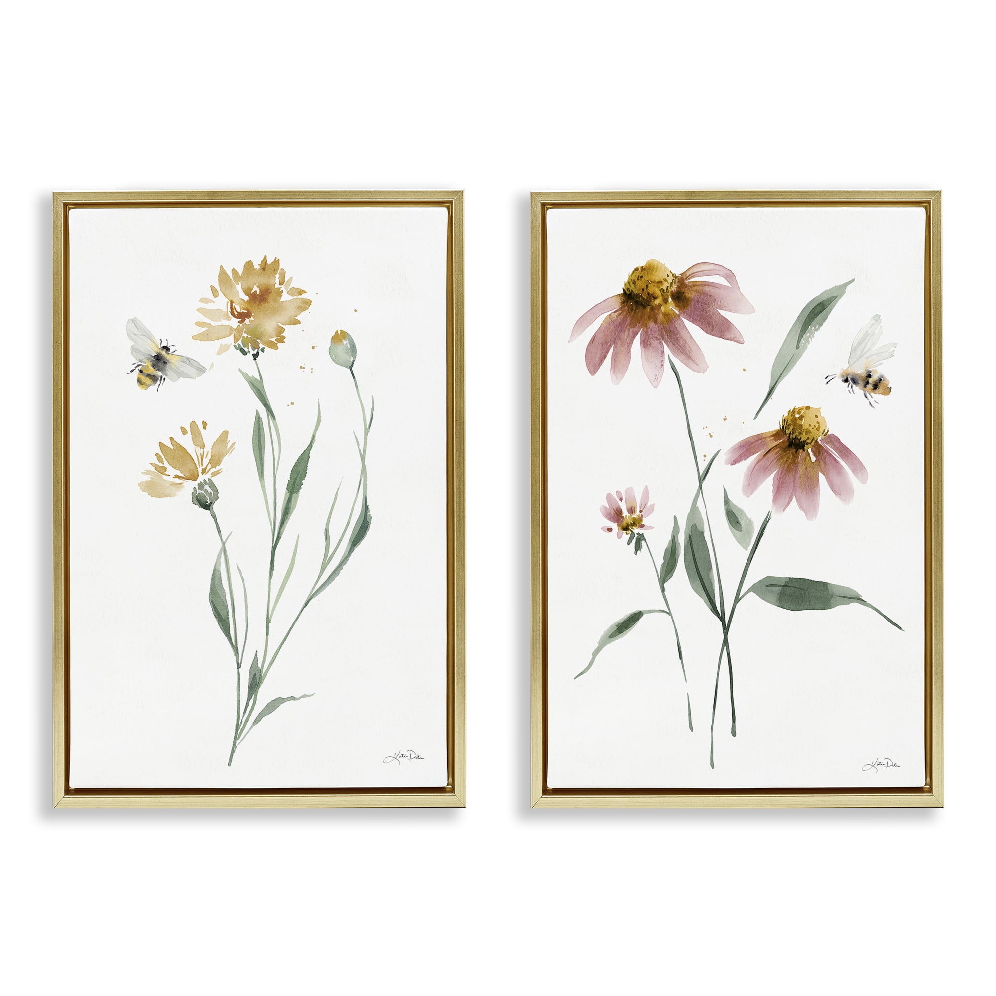 Stupell Industries Flower Stem Bees Plants & Flowers Painting Gold Floater Framed Canvas Art Print Wall Art, 21 x 31, Set of 2