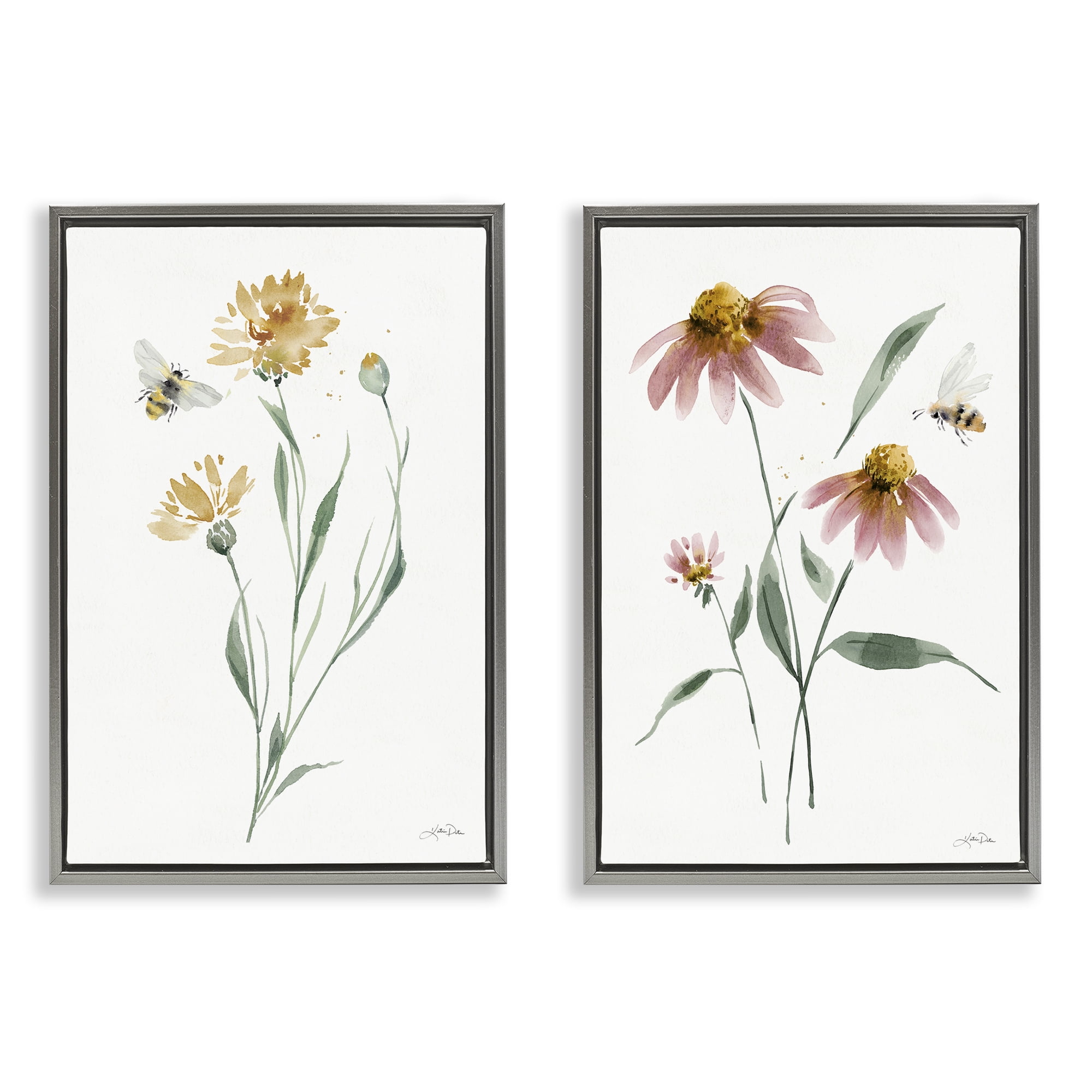 Stupell Industries Flower Stem Bees Plants & Flowers Painting Gray Floater Framed Canvas Art Print Wall Art, 21 x 31, Set of 2