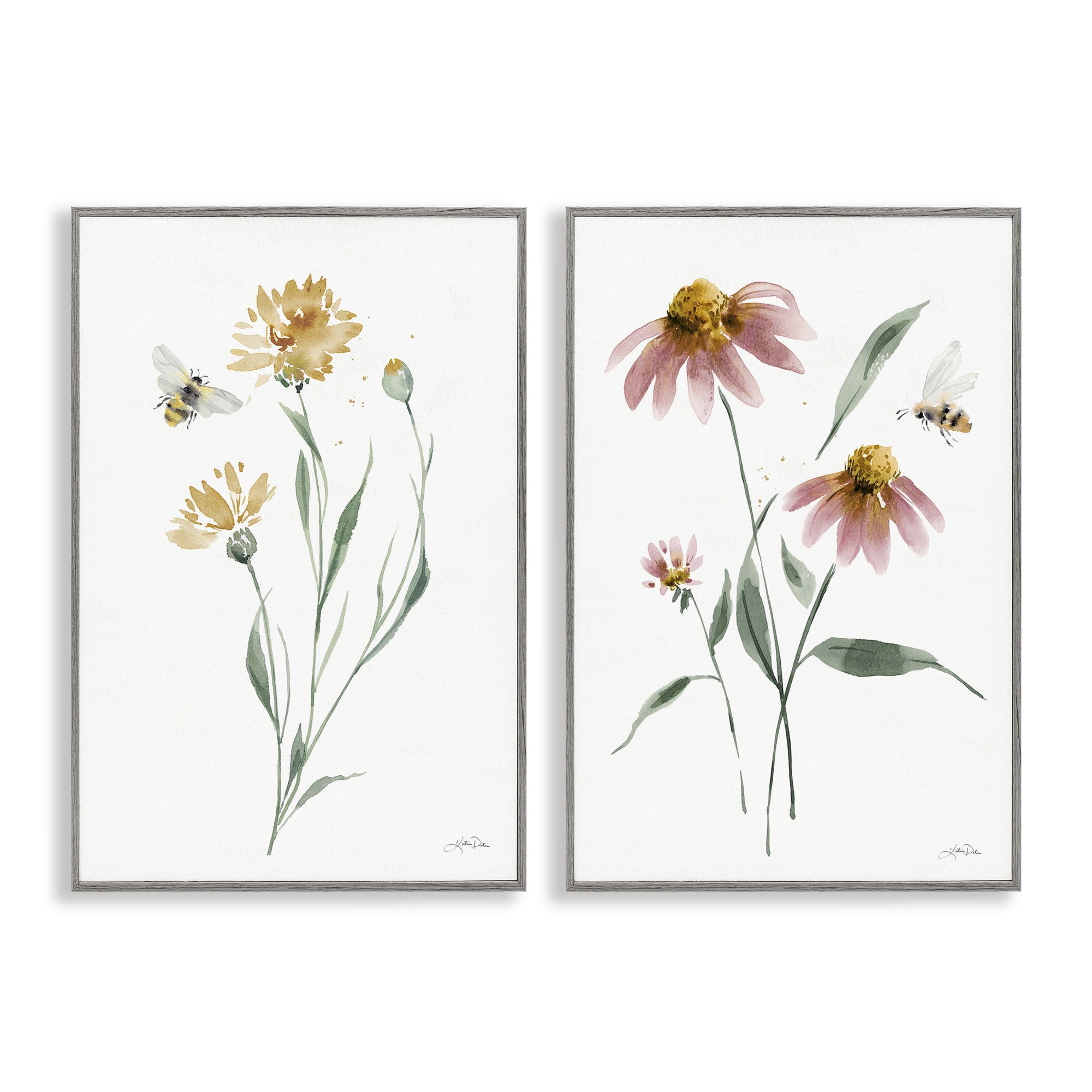 Stupell Industries Flower Stem Bees Plants & Flowers Painting Gray Framed Art Print Wall Art, 20 x 30, Set of 2