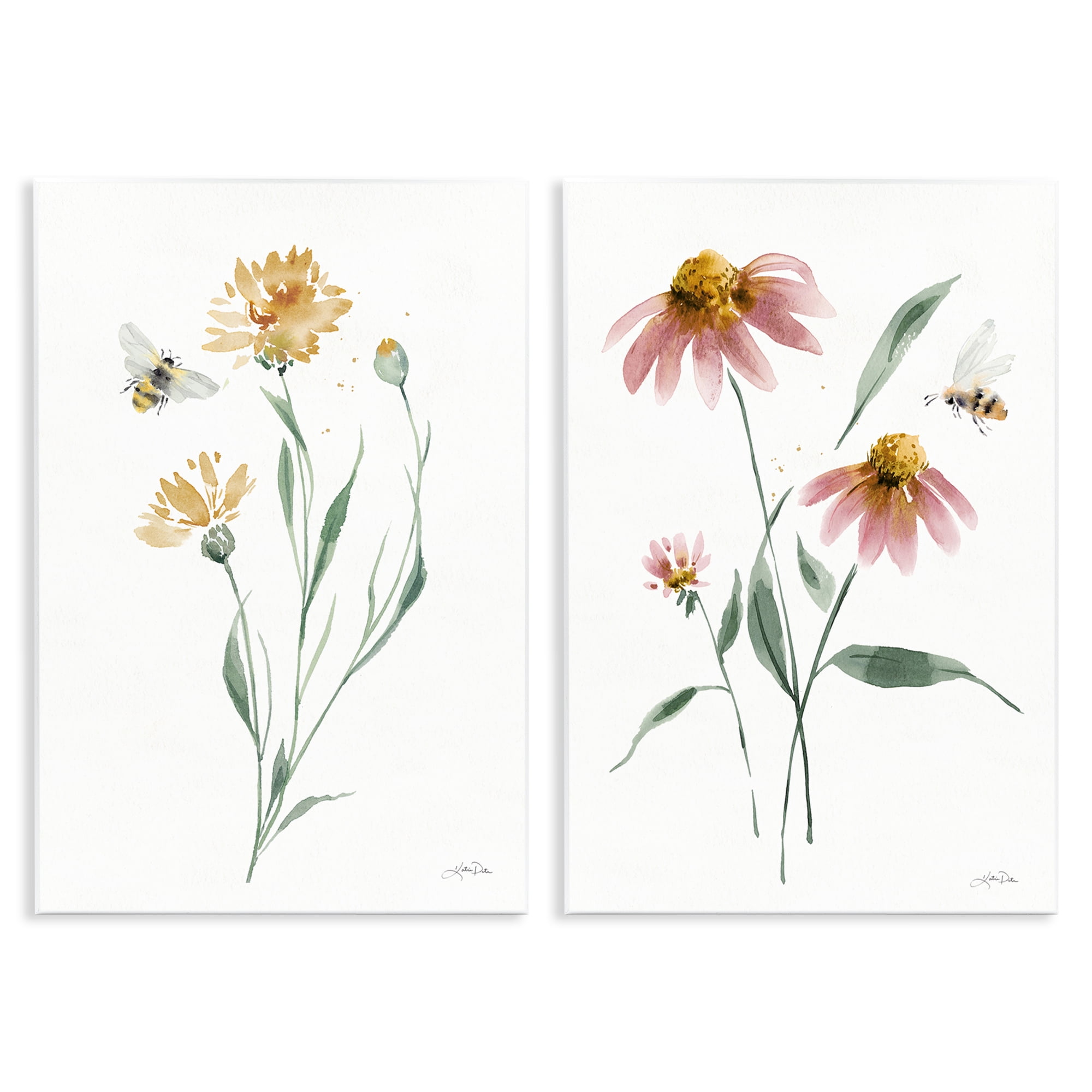 Stupell Industries Flower Stem Bees Plants & Flowers Painting Unframed Art Print Wall Art, 10 x 15, Set of 2