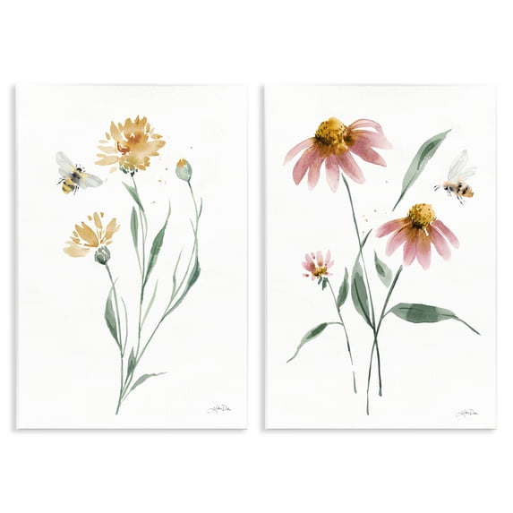 Stupell Industries Flower Stem Bees Plants & Flowers Painting Unframed Art Print Wall Art, 13 x 19, Set of 2