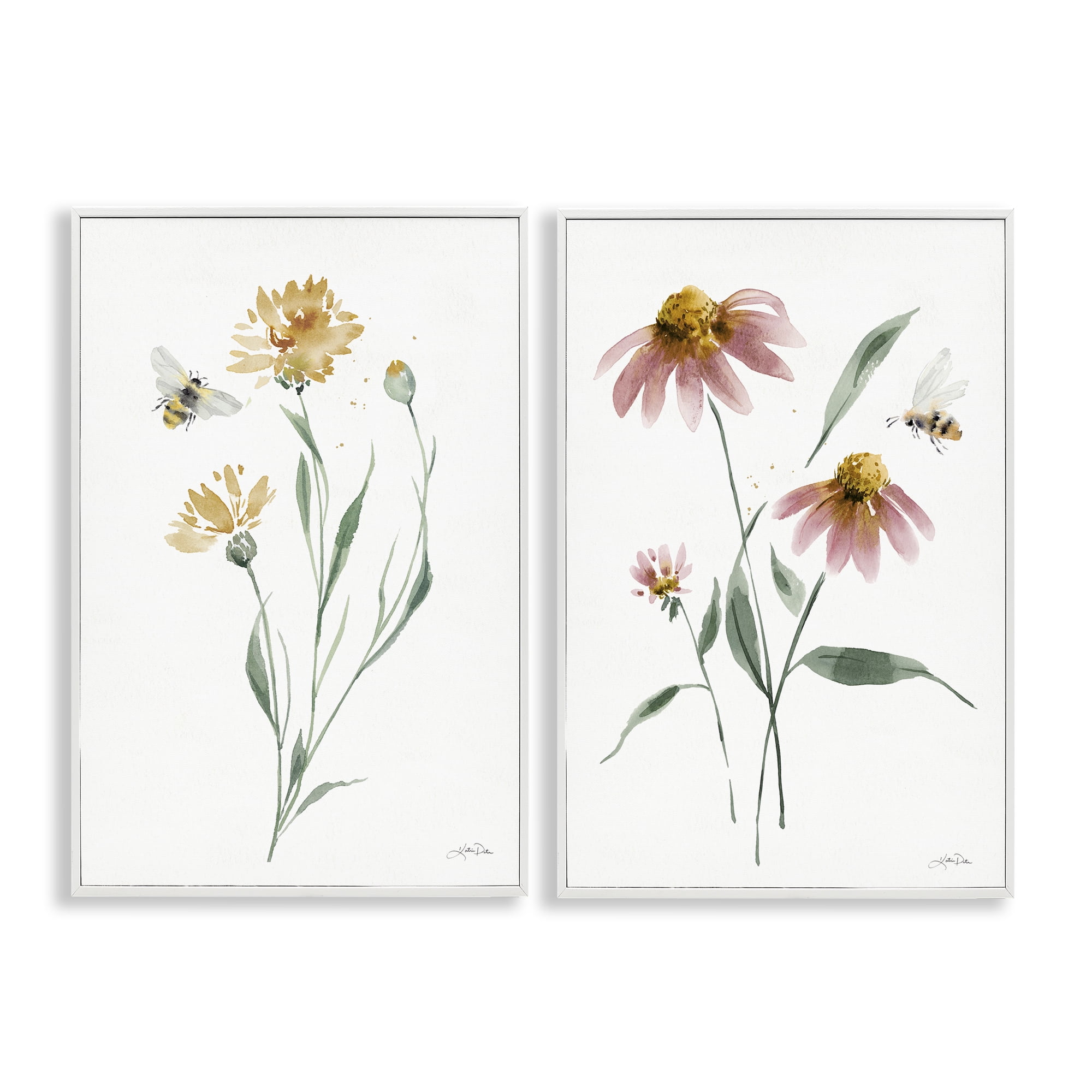 Stupell Industries Flower Stem Bees Plants & Flowers Painting White Framed Art Print Wall Art, 12 x 18, Set of 2