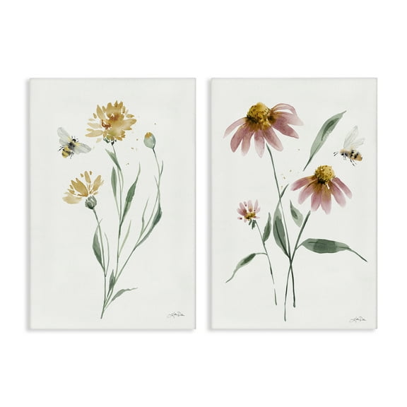 Stupell Industries Flower Stem Bees Plants & Flowers Painting Wrapped Canvas Art Print Wall Art, 16 x 24, Set of 2