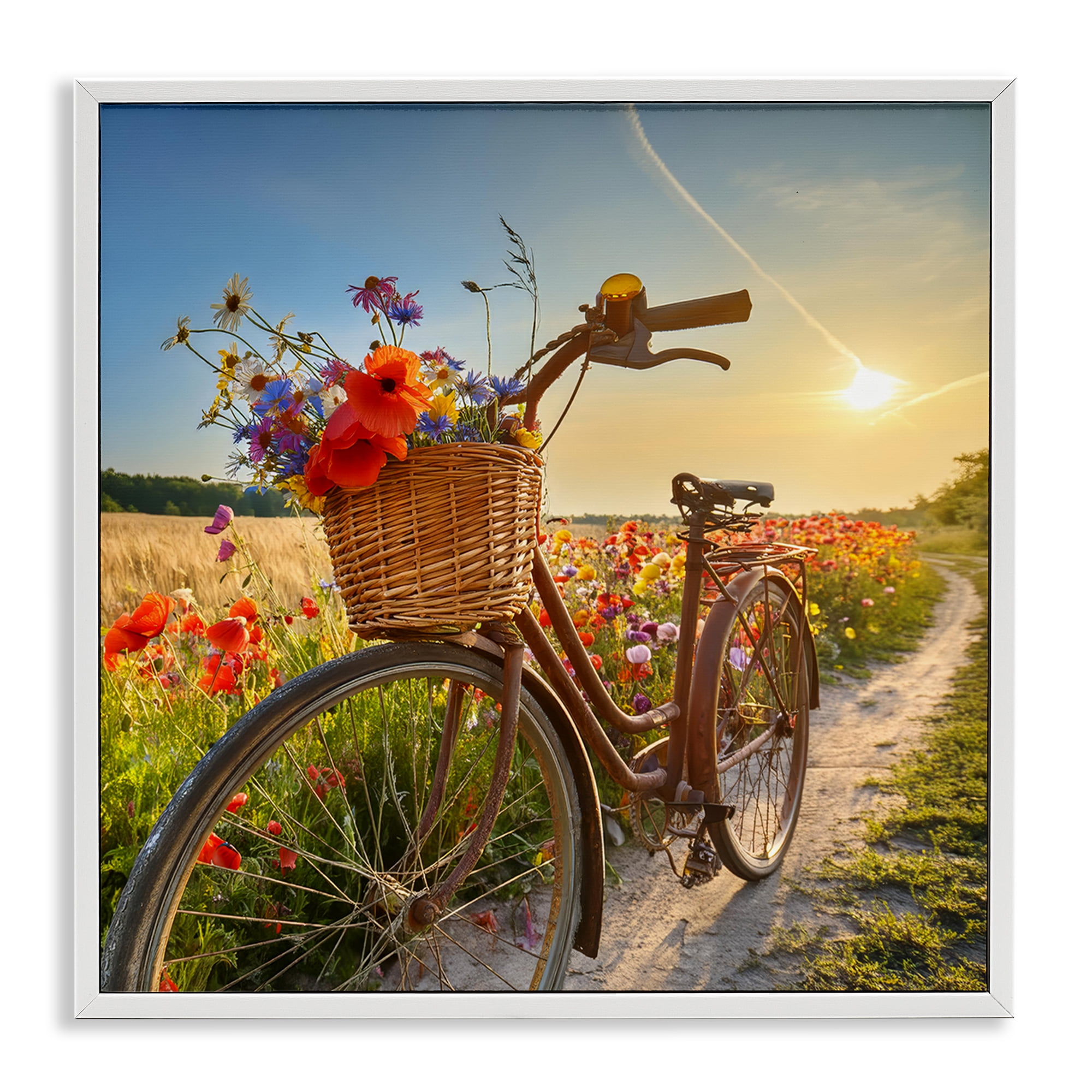 Stupell Industries Flower Stop Bicycle Transportation Photography White Framed Art Print Wall Art, 12 x 12