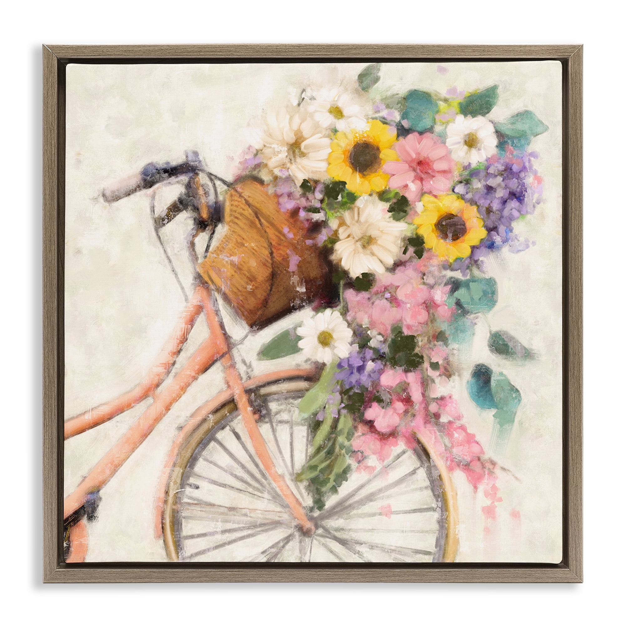 Stupell Industries Flower Swathed Bicycle Transportation Painting Brown Floater Framed Canvas Art Print Wall Art, 25 x 25