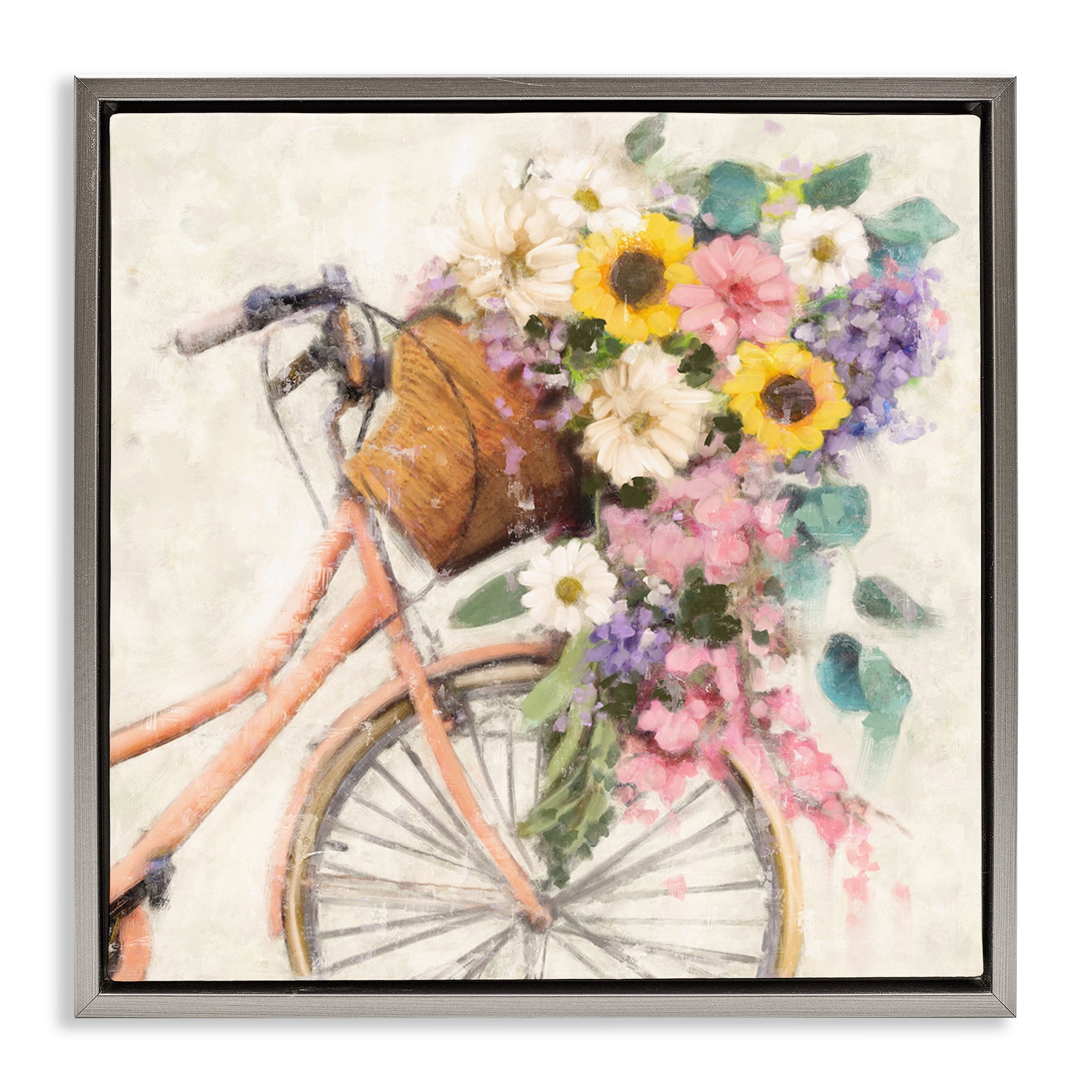 Stupell Industries Flower Swathed Bicycle Transportation Painting Gray Floater Framed Canvas Art Print Wall Art, 18 x 18