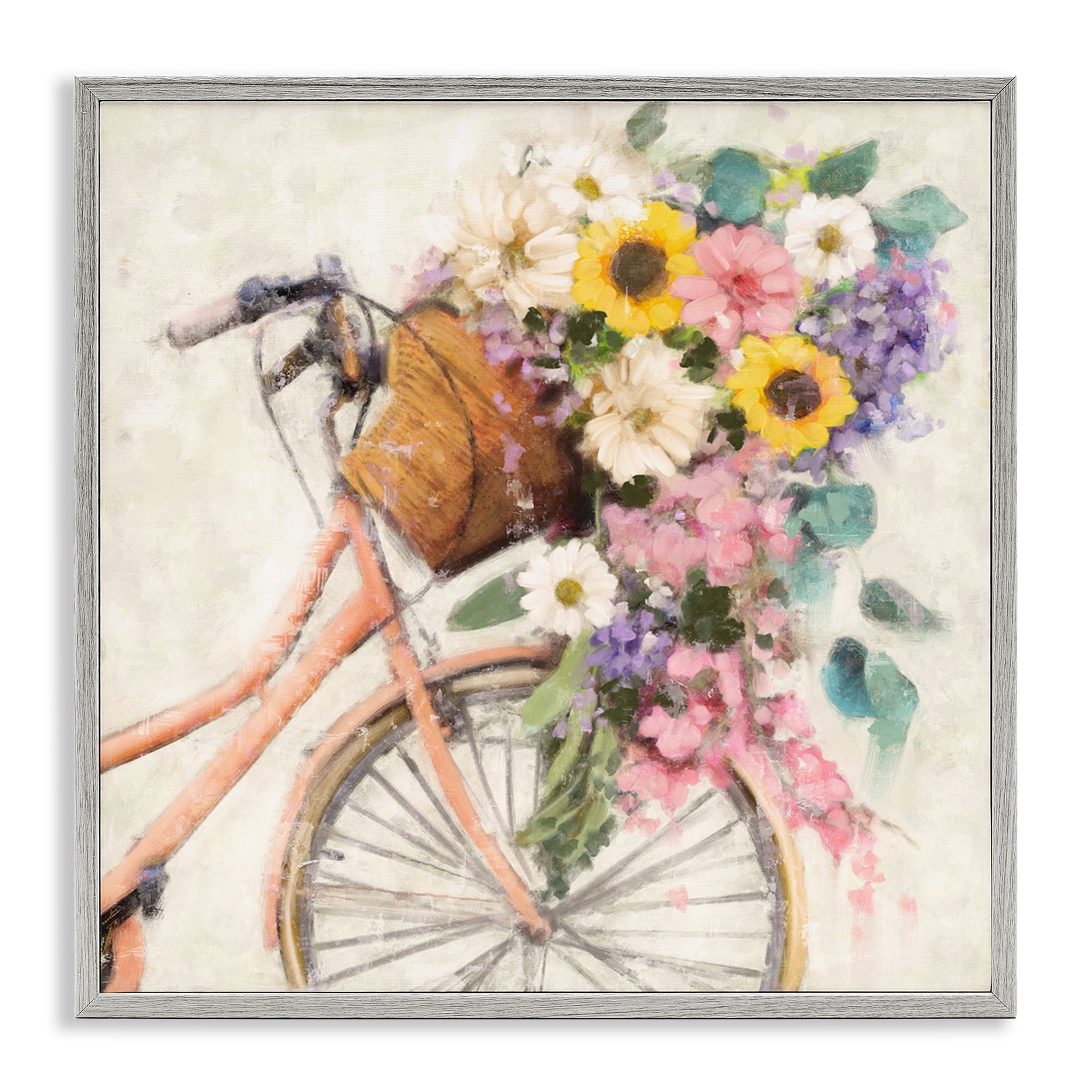 Stupell Industries Flower Swathed Bicycle Transportation Painting Gray Framed Art Print Wall Art, 12 x 12