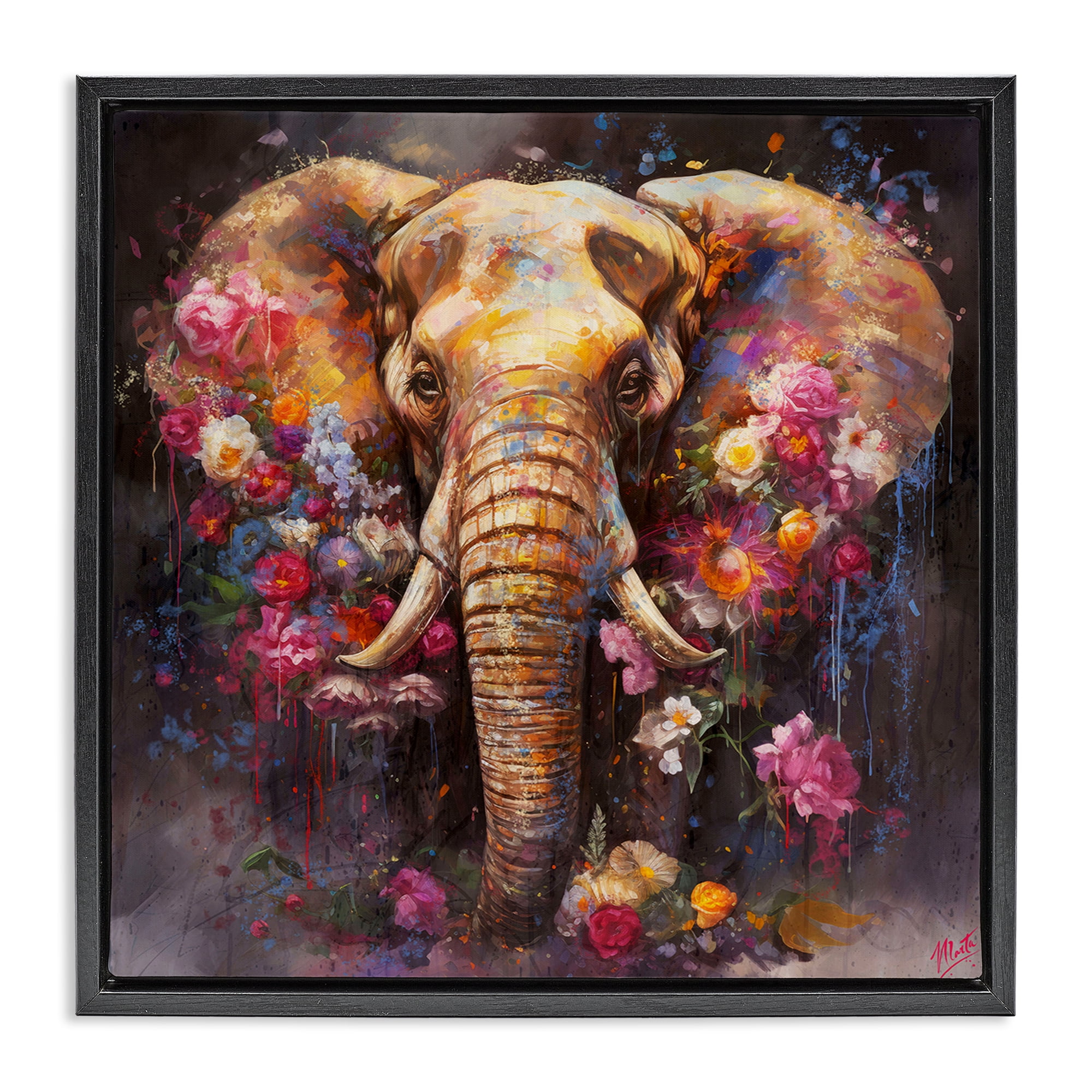 Stupell Industries Flower Swathed Elephant Animals Painting Black Floater Framed Canvas Art Print Wall Art, 18 x 18
