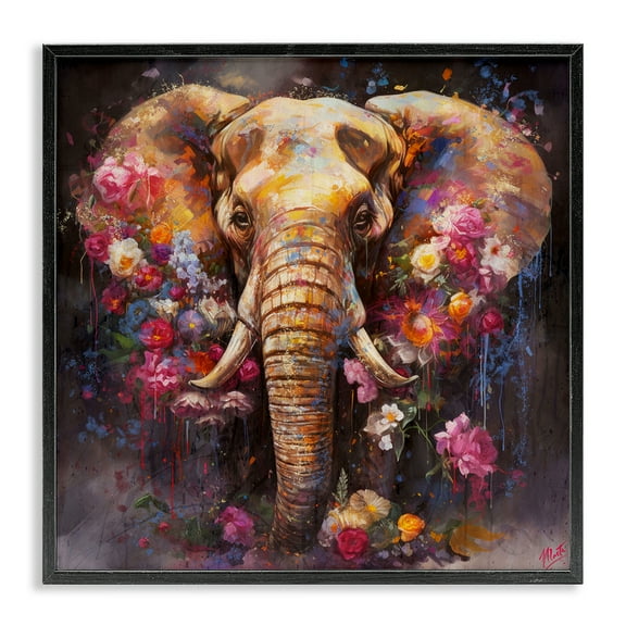 Stupell Industries Flower Swathed Elephant Animals Painting Black Framed Art Print Wall Art, 12 x 12