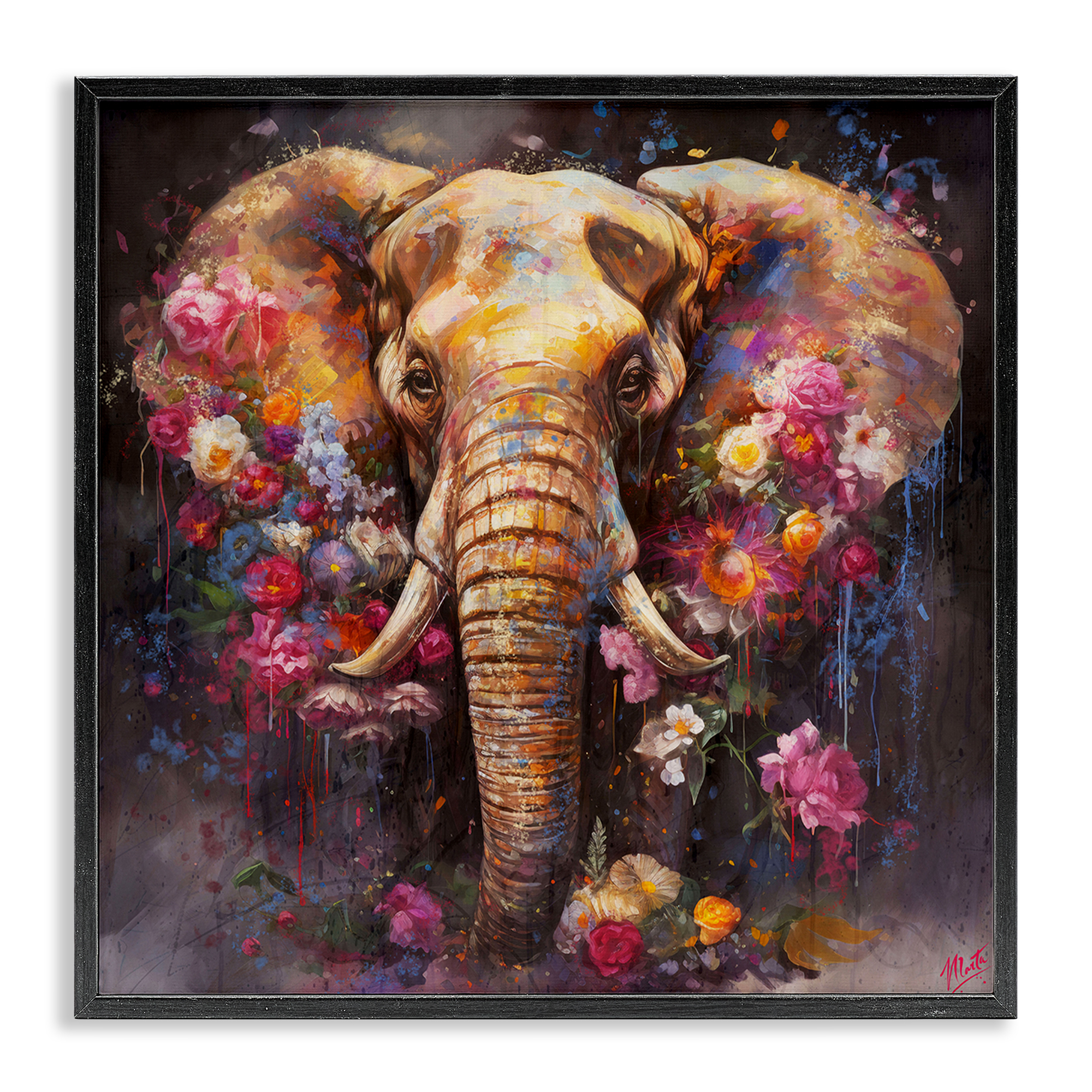 Swathed Stupell Industries Flower Swathed Elephant Animals Painting Black ...