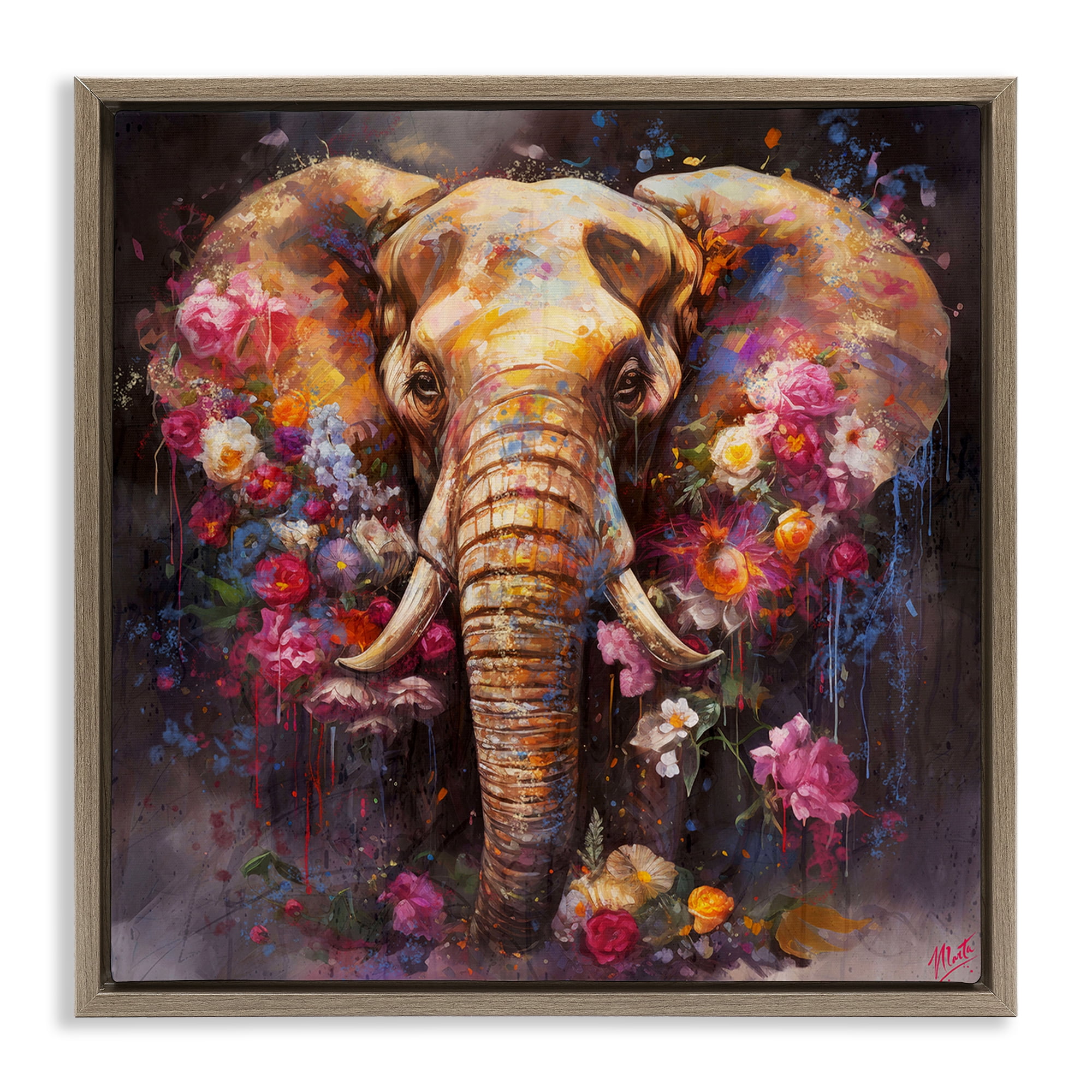 Stupell Industries Flower Swathed Elephant Animals Painting Brown Floater Framed Canvas Art Print Wall Art, 18 x 18