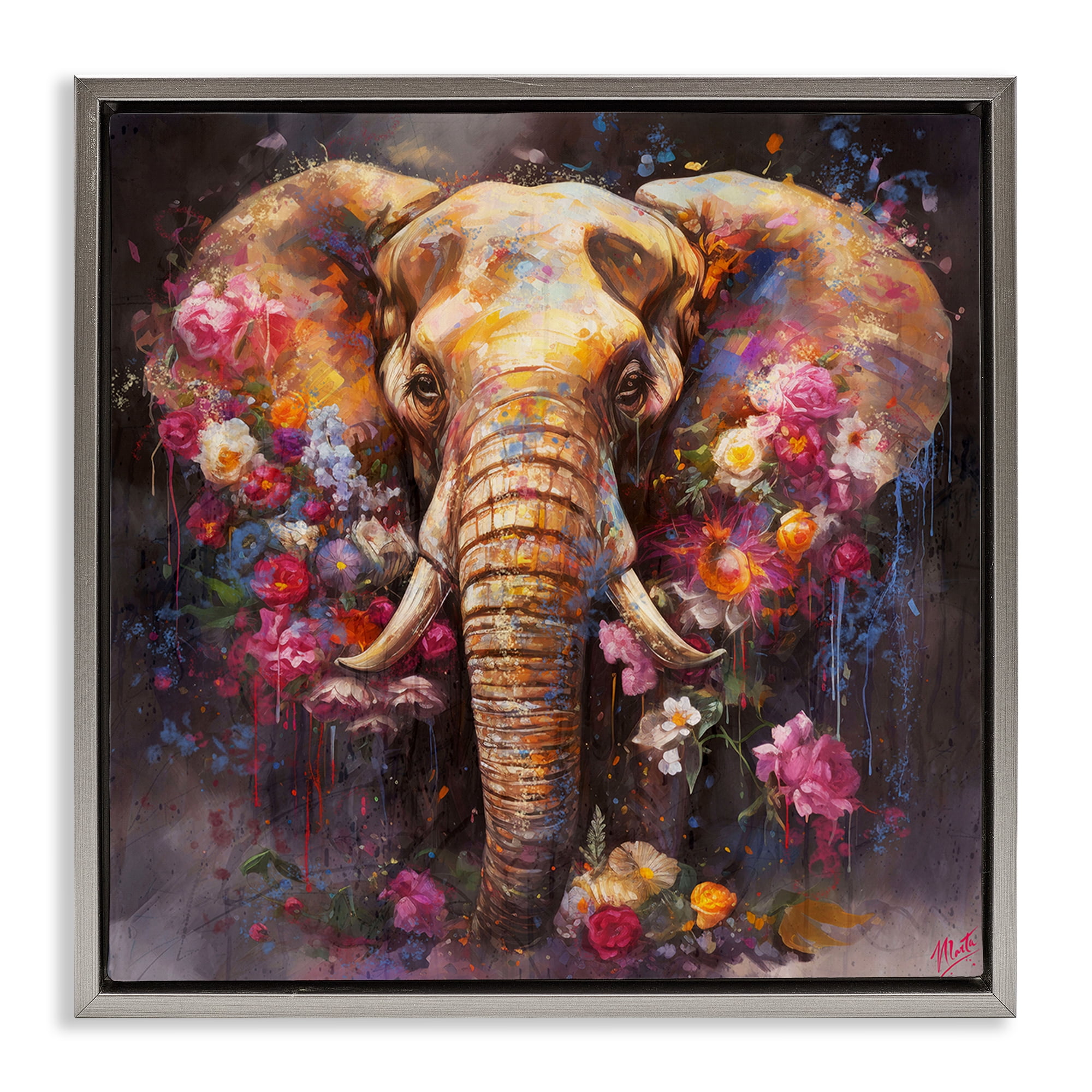 Stupell Industries Flower Swathed Elephant Animals Painting Gray Floater Framed Canvas Art Print Wall Art, 25 x 25