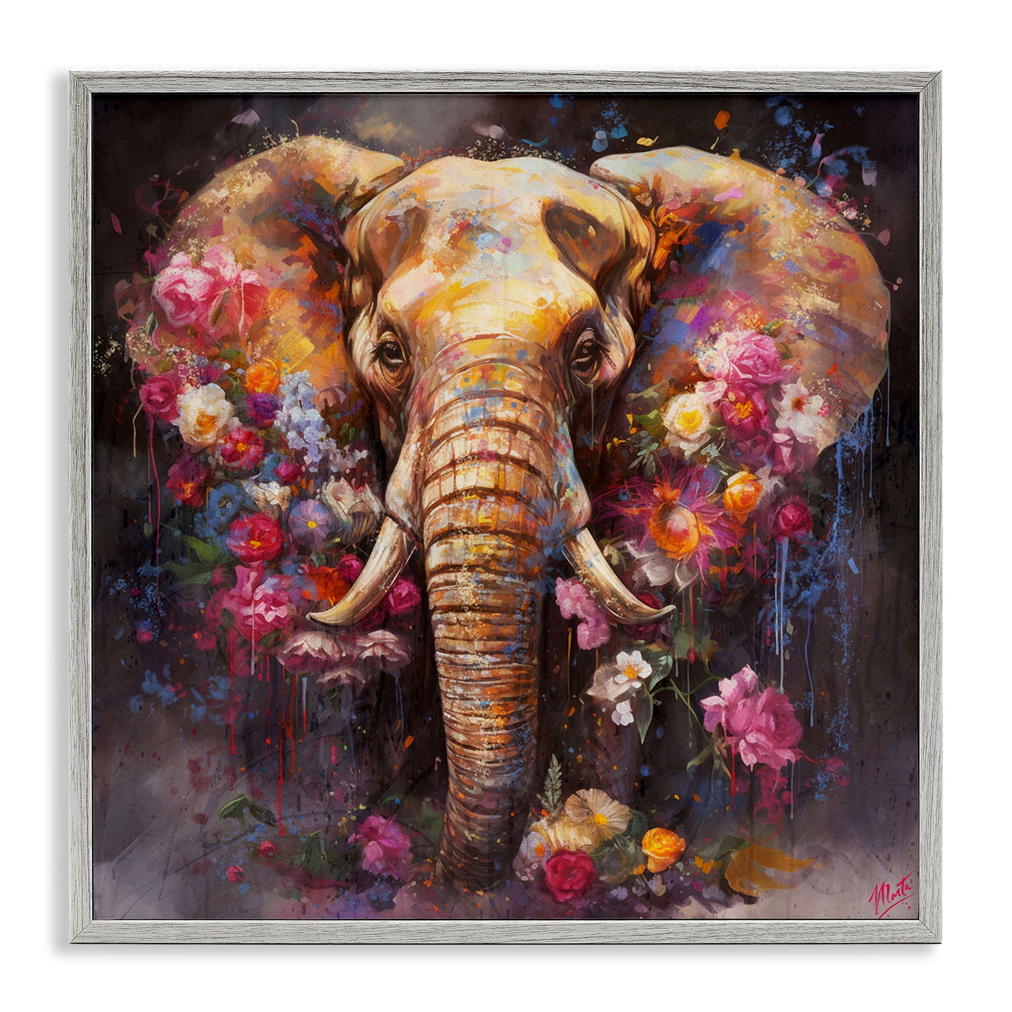 Stupell Industries Flower Swathed Elephant Animals Painting Gray Framed Art Print Wall Art, 17 x 17