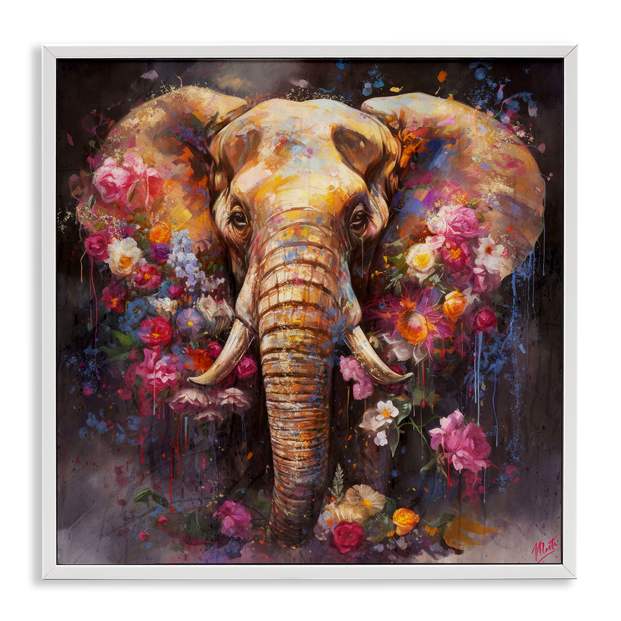 Stupell Industries Flower Swathed Elephant Animals Painting White Framed Art Print Wall Art, 12 x 12