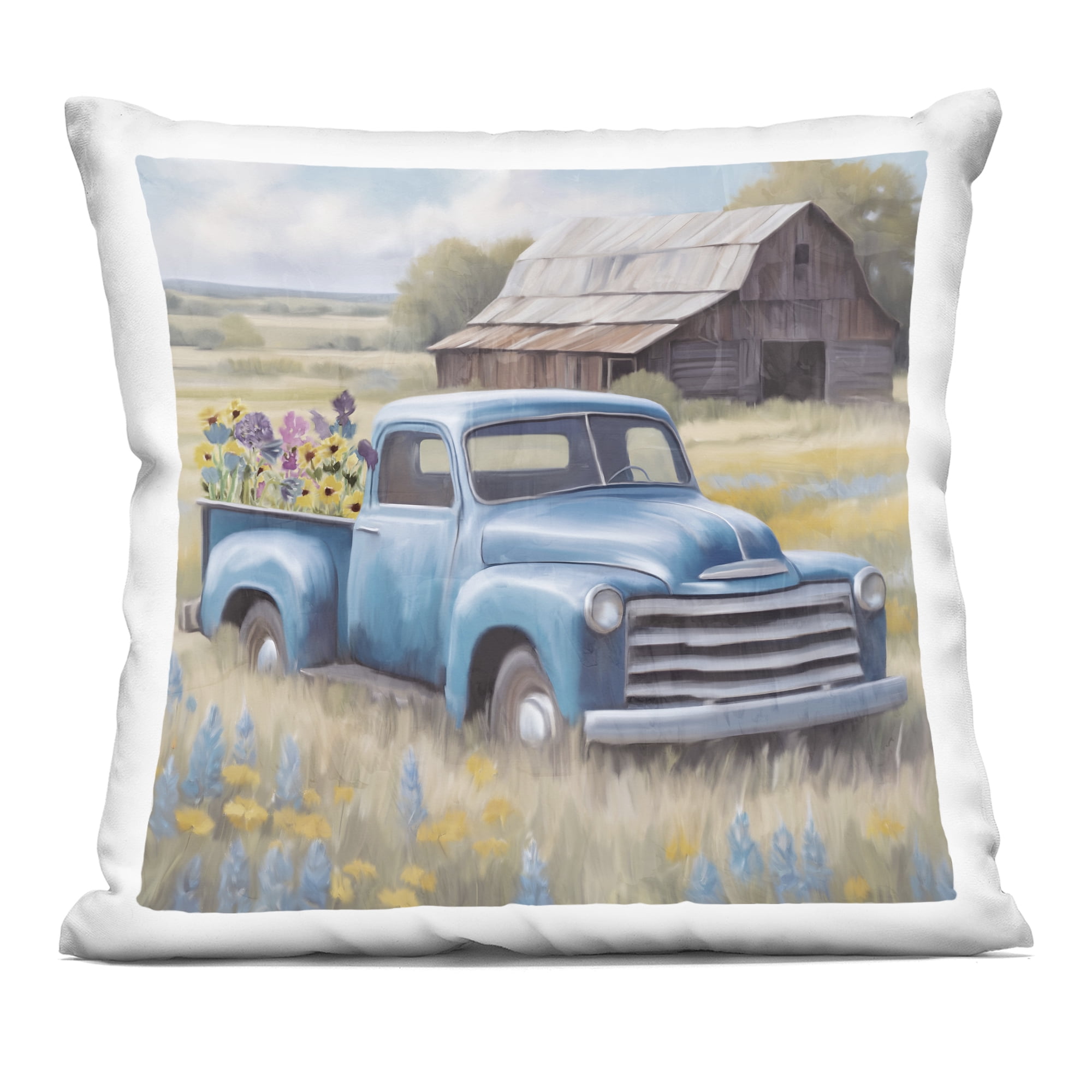 Stupell Industries Flower Truck in Antique Blue Decorative Printed Throw Pillow, design by Kim Allen