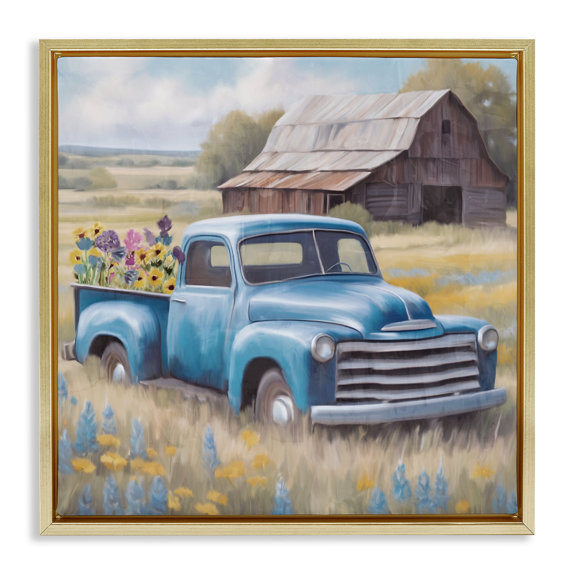 Stupell Industries Flower Truck in Antique Blue Gold Framed Floater Canvas Wall Art, design by Kim Allen