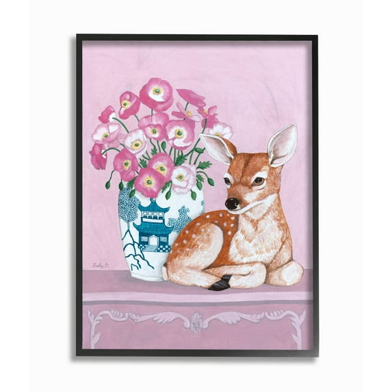 Stupell Industries Flower Vase And Deer Pink Animal Painting Framed Wall Art by Sally B, 16" x 20", Black Framed