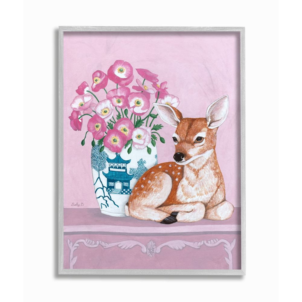 Stupell Industries Flower Vase And Deer Pink Animal Painting Gray Framed Art Print Wall Art, 16x20, by Sally B