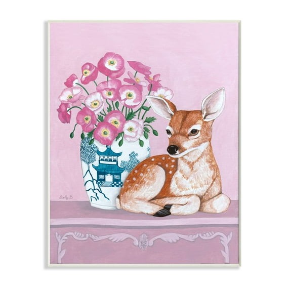 Stupell Industries Flower Vase And Deer Pink Animal Painting Wall Plaque by Sally B, 10" x 15", Wall Plaque