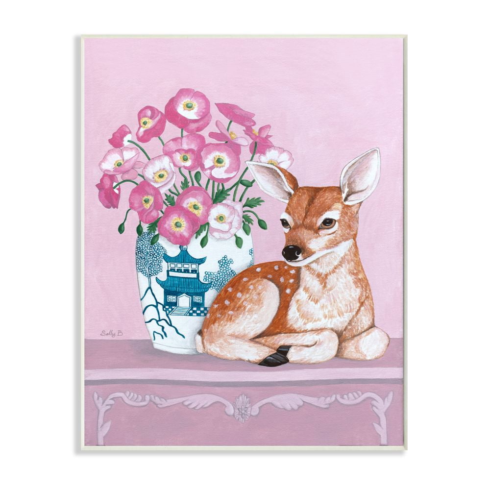 Stupell Industries Flower Vase And Deer Pink Animal Painting Wall Plaque by Sally B, 13" x 19", Wall Plaque
