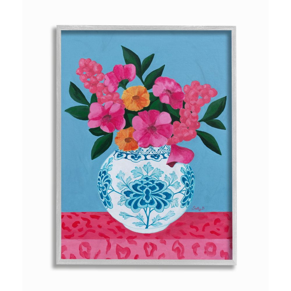 Stupell Industries Flower Vase Pink Blue Painting Gray Framed Art Print Wall Art, 16x20, by Sally B