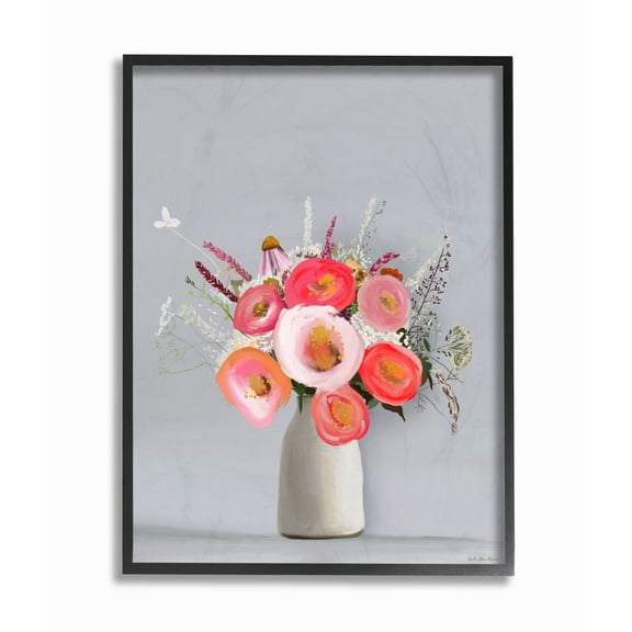 Stupell Industries Flower Vase Pink Grey Painting Framed Wall Art by Leah Straatsma, 16" x 20", Black Framed