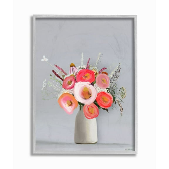 Stupell Industries Flower Vase Pink Grey Painting Gray Framed Art Print Wall Art, 11x14, by Leah Straatsma