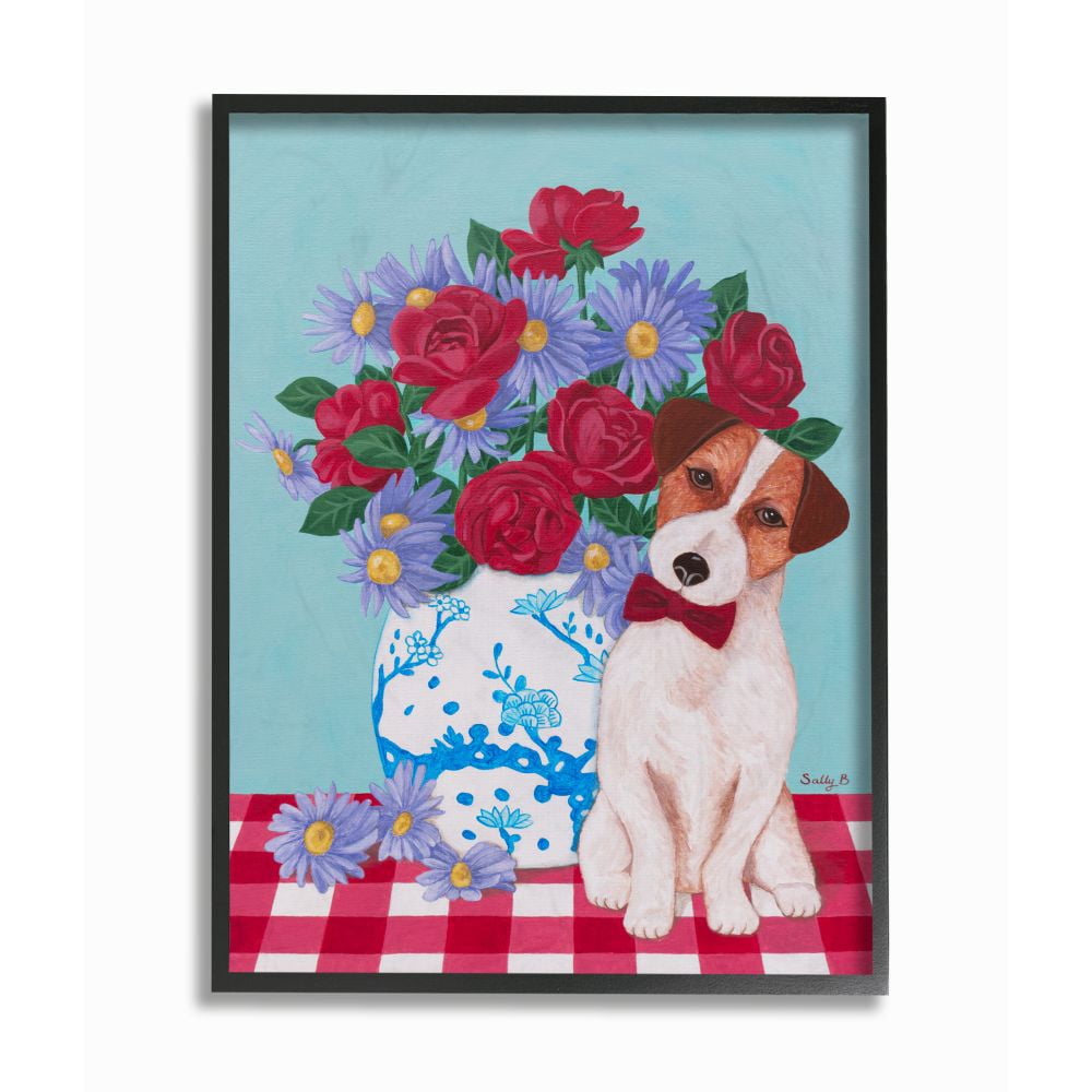 Stupell Industries Flower Vase With Dog Red Blue Animal Pet Painting Black Framed Art Print Wall Art, 16x20, by Sally B