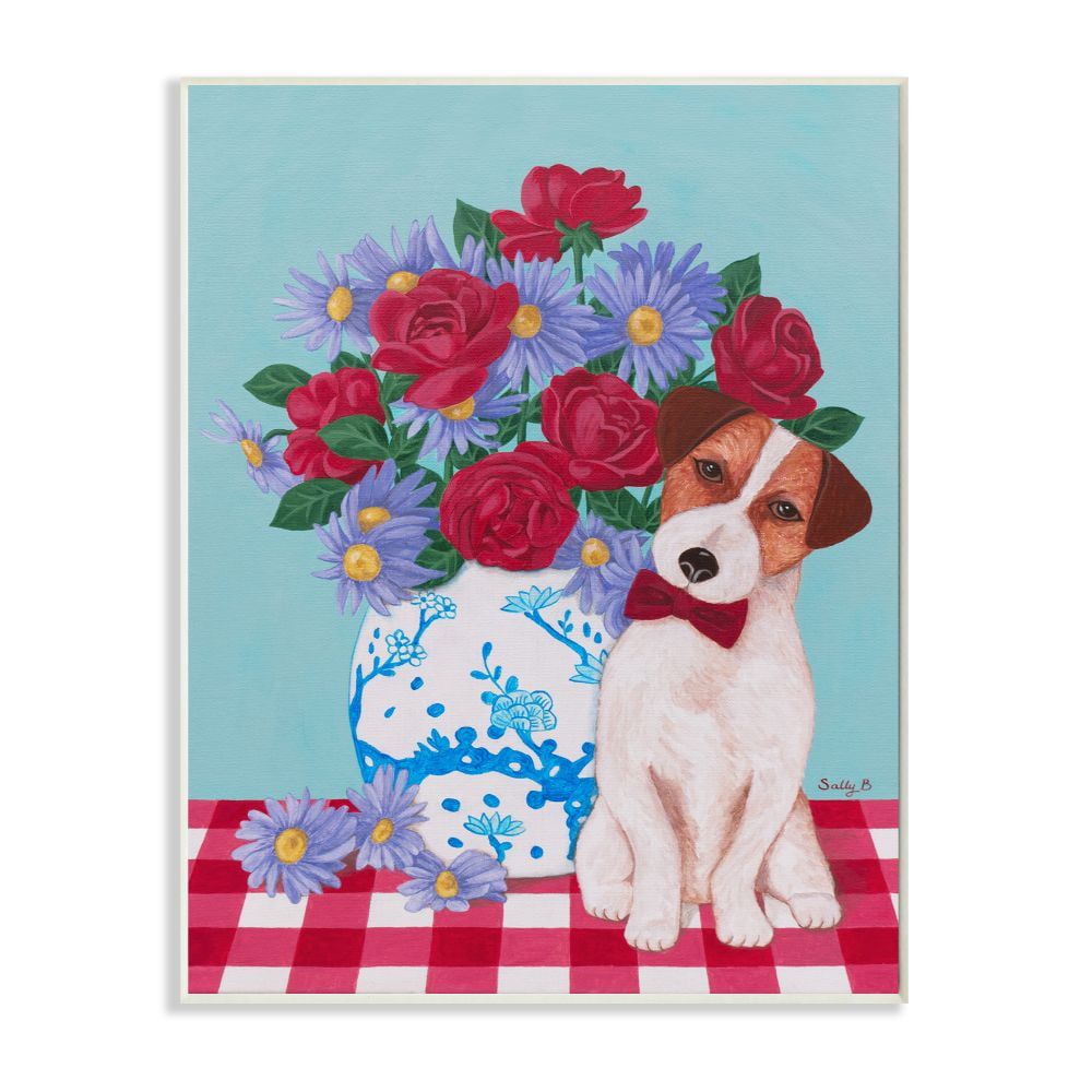 Stupell Industries Flower Vase With Dog Red Blue Animal Pet Painting Wall Plaque by Sally B, 10" x 15", Wall Plaque