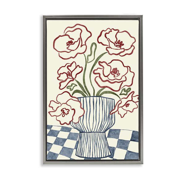 Stupell Industries Flower Vase on Minimal Checkered Gray Framed Floater Canvas Wall Art design by JJ Design House LLC, 25 x 17
