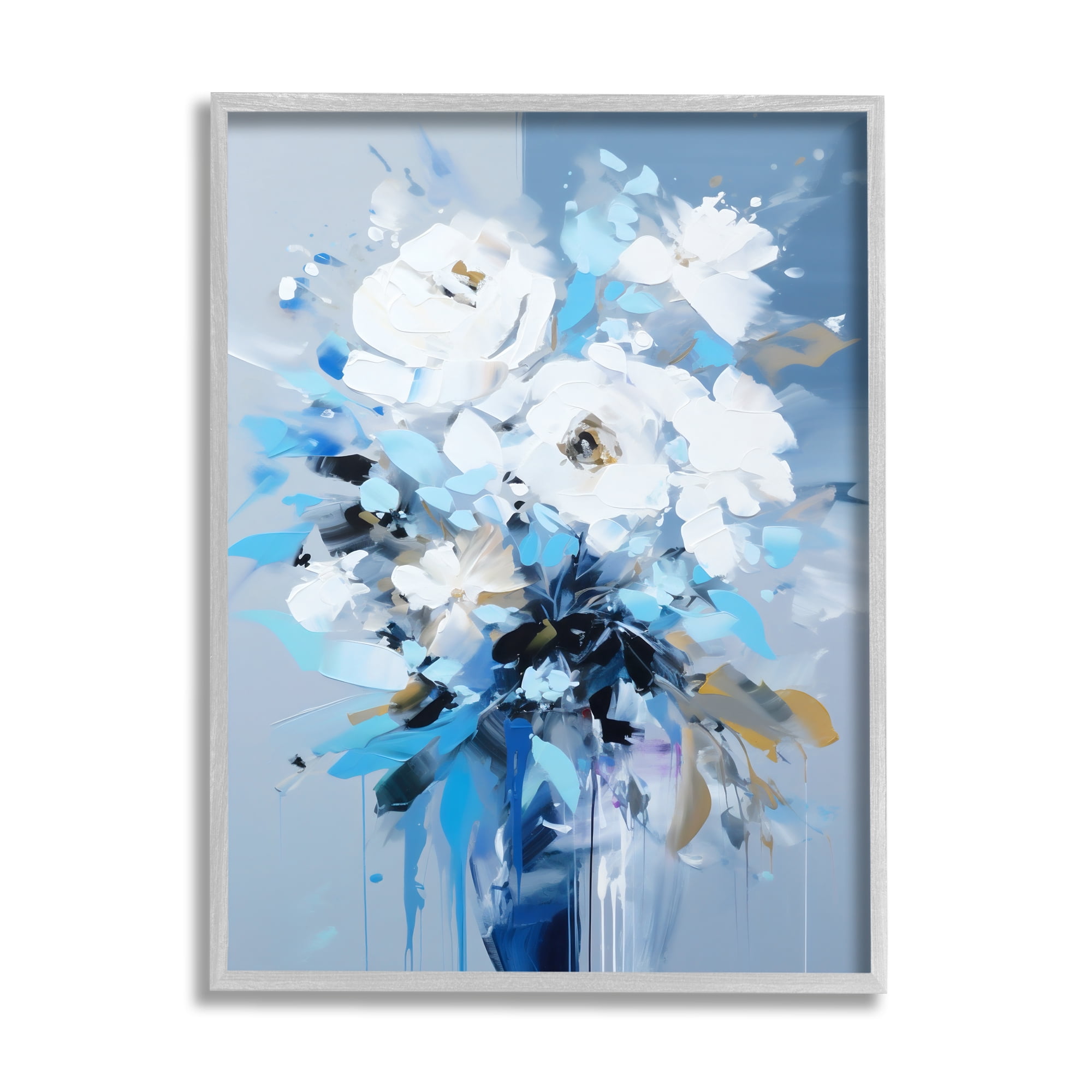 Stupell Industries Flower with Modern Drip Botanical & Floral Painting Gray Framed Art Print Wall Art, 24 x 30