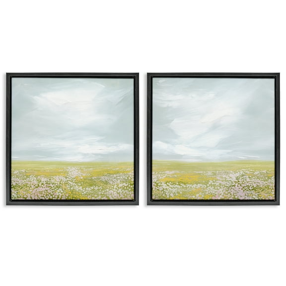 Stupell Industries Flowering Field Wispy Clouds Landscape & Nature Painting Black Floater Framed Canvas Art Print Wall Art, 18 x 18, Set of 2