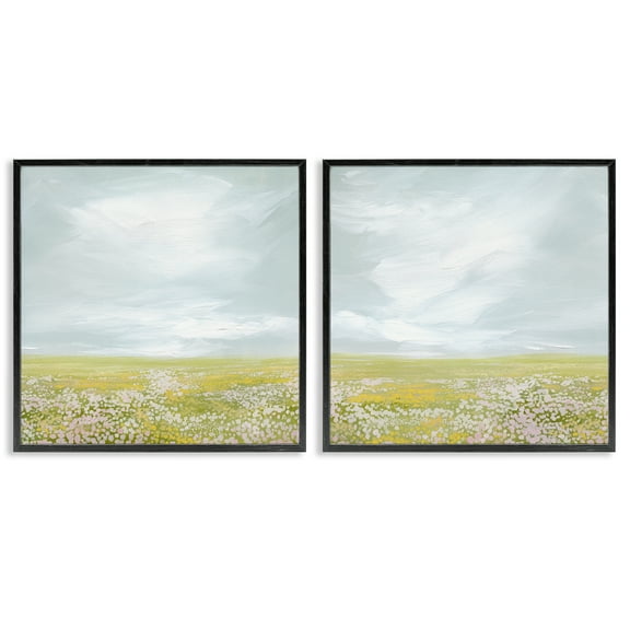 Stupell Industries Flowering Field Wispy Clouds Landscape & Nature Painting Black Framed Art Print Wall Art, 12 x 12, Set of 2
